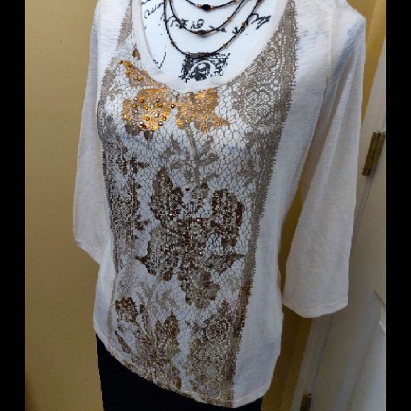 π2/$10ππβOR π«5/$25π«βΌοΈ Madison bronze gold Cream bronze rhinestone lace top - Picture 2 of 7